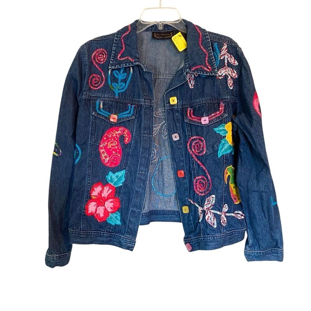 New Directions Vintage Denim Jacket Large Hibiscus Paisley Embroidered Boho Y2K
